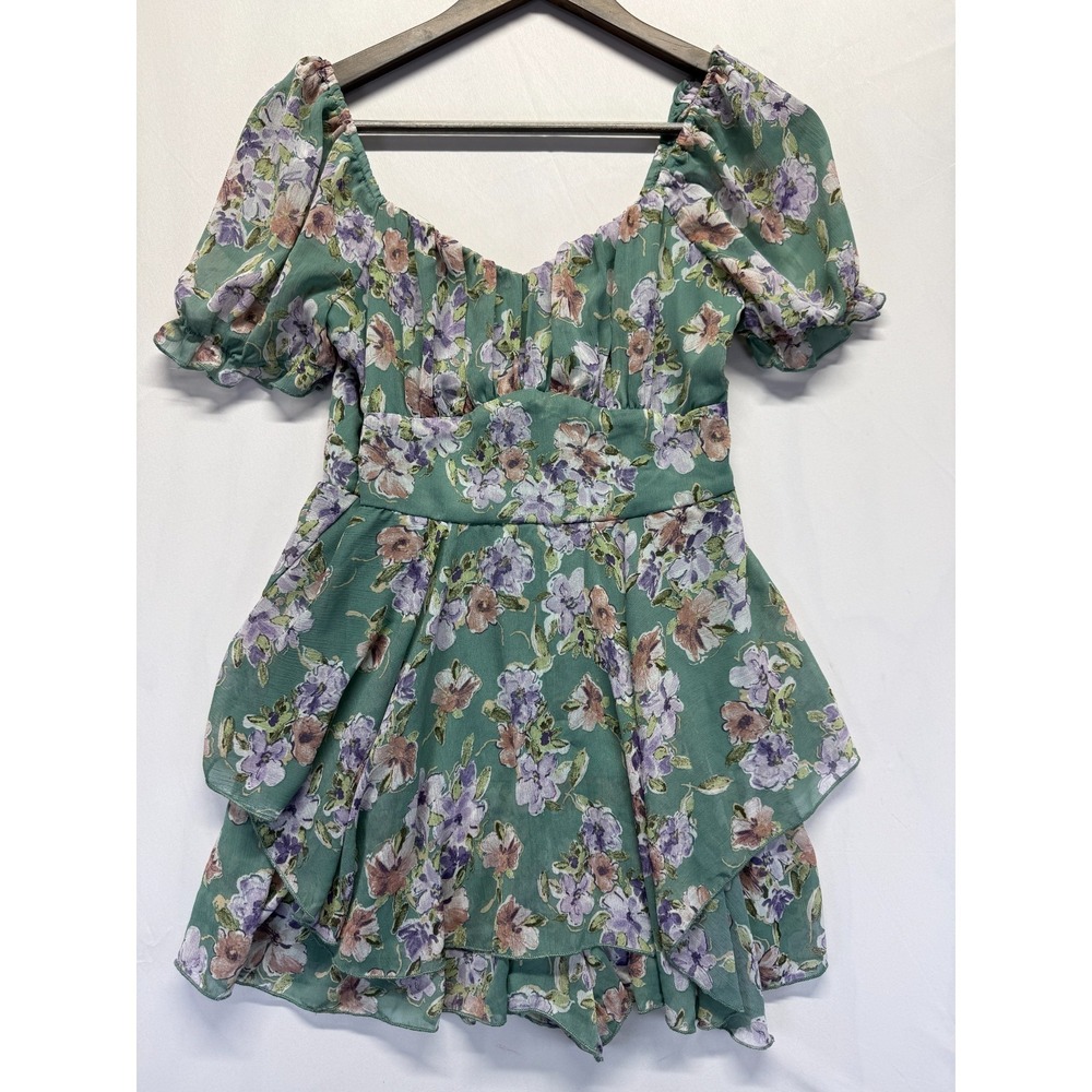 Inspired Hearts Romper Women M Green Multi Floral Puff Sleeve Layered Ruffle Hem